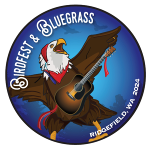 BirdFest & Bluegrass Ridgefield, WA 2024 with a illustration of a Bald Eagle playing guitar rock n' roll style