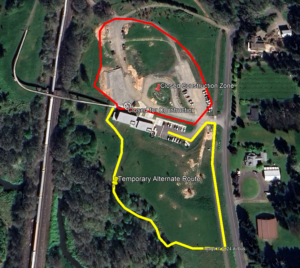 Map of Ridgefield NWR Carty Unit from an aerial perspective with red lines and yelllow lines indicating the temporary walking detour.