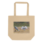 Brown tote bag with an image of dancing Sandhill Cranes on it