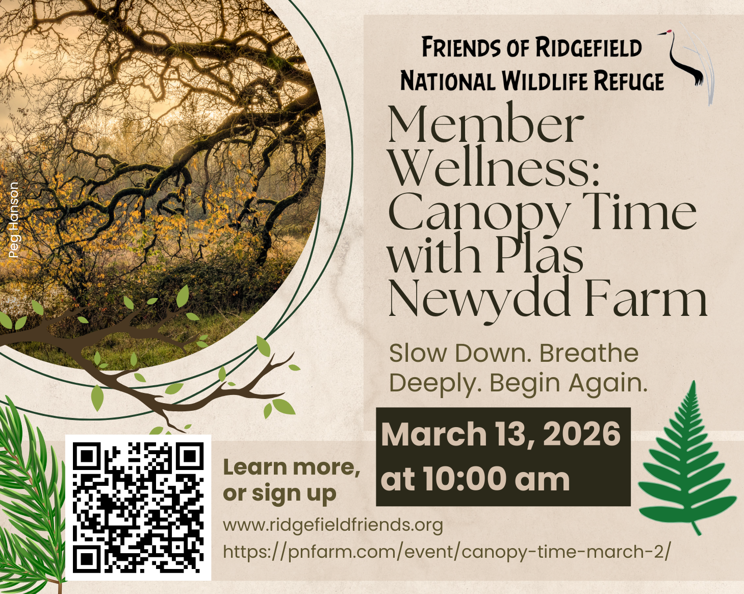 Member Wellness Event Canopy Time at Plas Newyyd Farm March 13, 2026 10 AM www.ridgefieldfriends.org, or scan QR code.