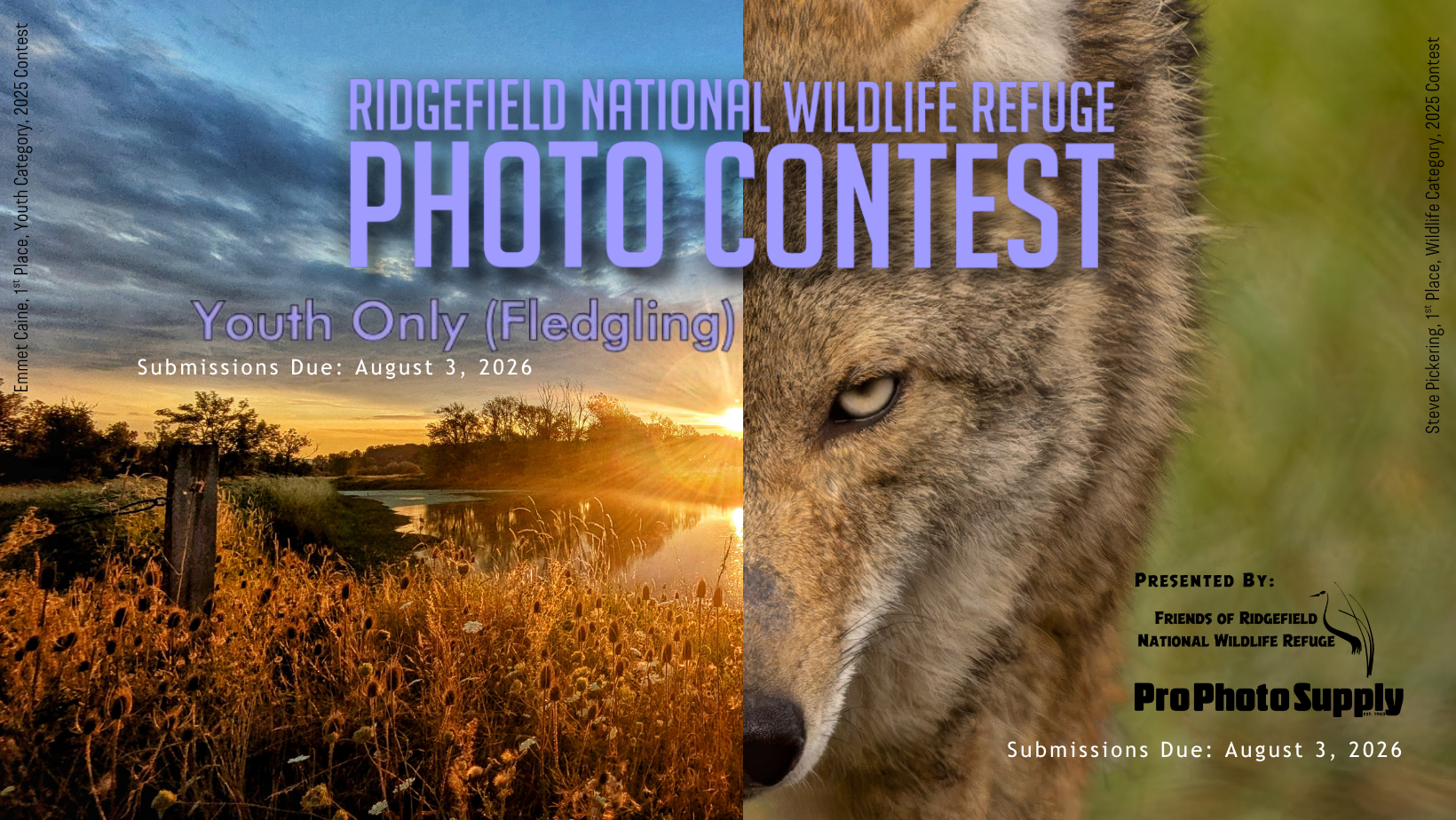 Two Photo Contest Covers overlapping in the center, to show they are both photo contests, but one is for Youth. Youth side is a sunset, the other side is a coyote